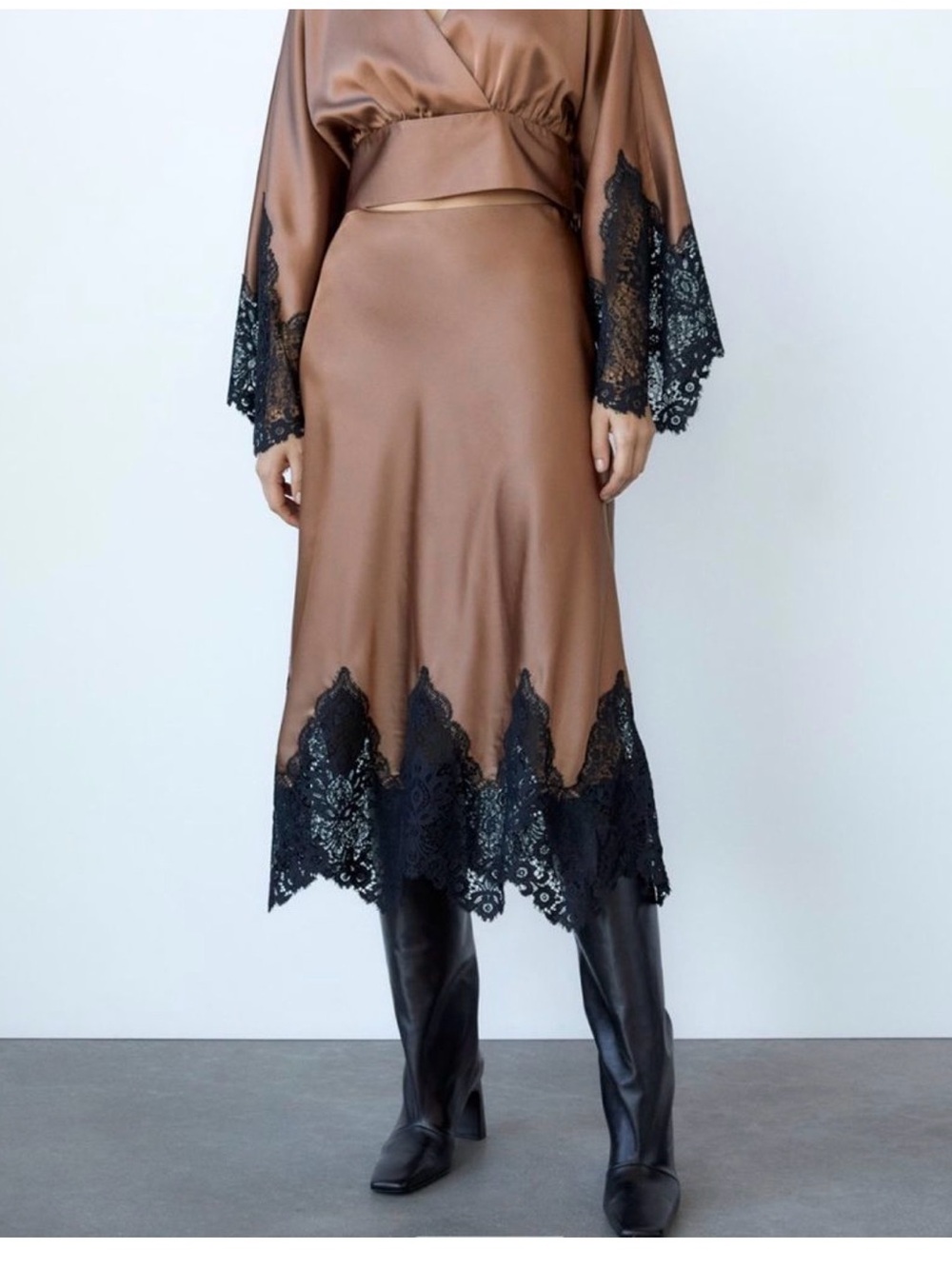 Zara Brown Satin Slip with Black Lace Hem Size L NWT